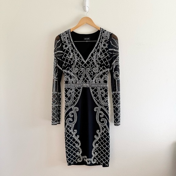 Xscape Dresses & Skirts - XSCAPE Black Long Sleeve White Silver Bead Embellishment Dress size 8